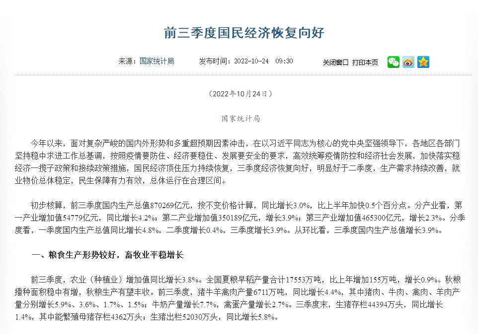 前三季度經(jīng)濟(jì)數(shù)據(jù)公布！糧食生產(chǎn)形勢較好，畜牧業(yè)平穩(wěn)增長